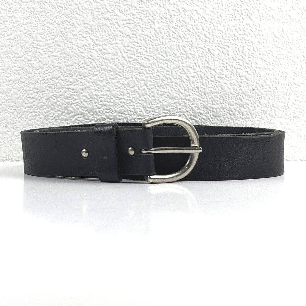Leather Belt Women M Black Silver Horseshoe Buckle 32-36 Minimalist Classic